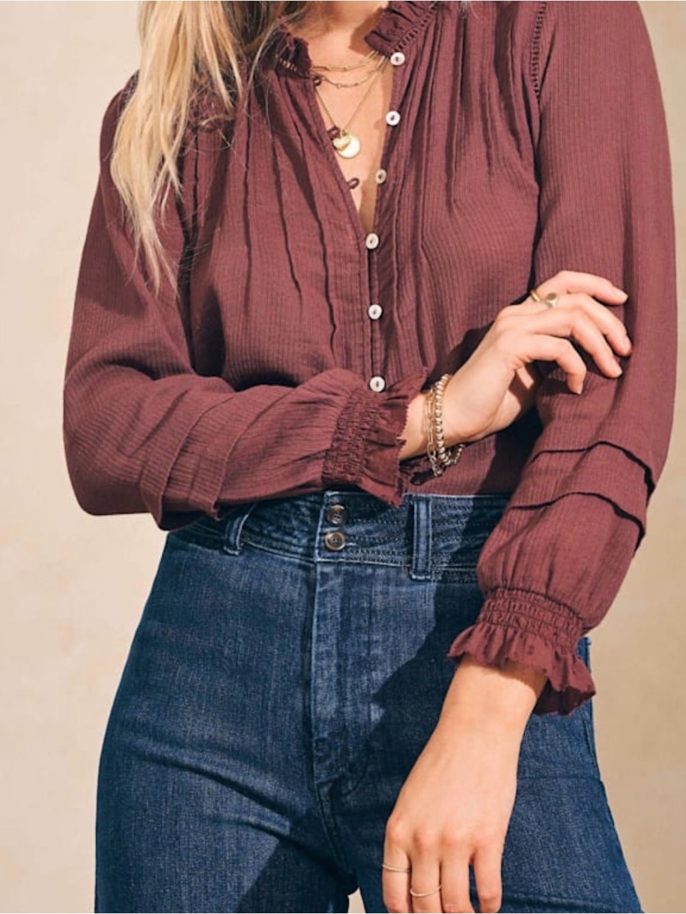 Faherty Button-Front Ruffled Yoke Blouse in Plum - Picture 2 of 7